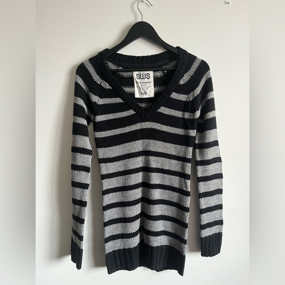 Streetwear Society Striped V-Neck Sweater - Black & Gray